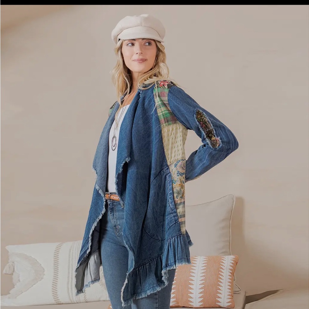 Young Threads Patchwork Denim Jacket with Ruffle Hem - Picture 2 of 6
